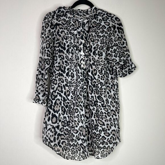 Zara Leopard Print Roll Tab Sleeve Swimsuit Coverup Shirt Dress Size Small - Picture 7 of 7